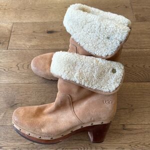 UGG Lynnea Fold Over Clog Boots Brown Suede Leather Sz 7
